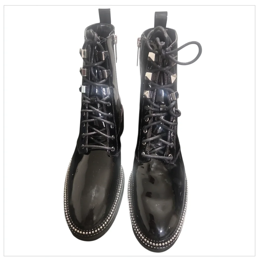 NWT Michael Kors Haskell Black Patent Leather Combat Boots Zipper Trim 8.5